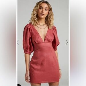 Showpo Amalie The Label Mikaelle Linen Puff Sleeve Open Back Mini Dress New